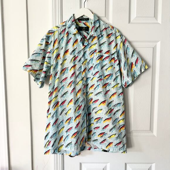 Orvis Vintage Hong Kong Light Blue Fly Fishing Tackle Print Button Camp Shirt M - Picture 1 of 8